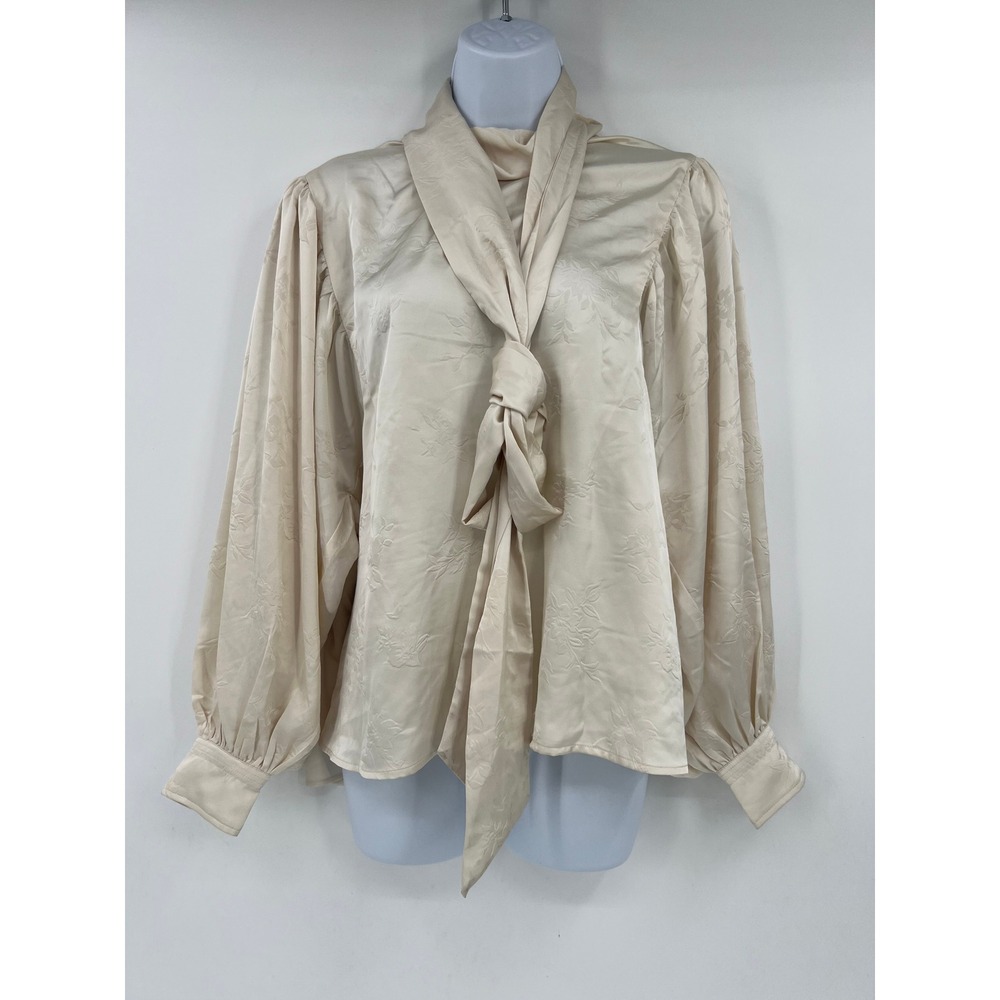 HM Edition Size Small Cream Floral Jacquard Tie Neck Puff Sleeve Satin Blouse